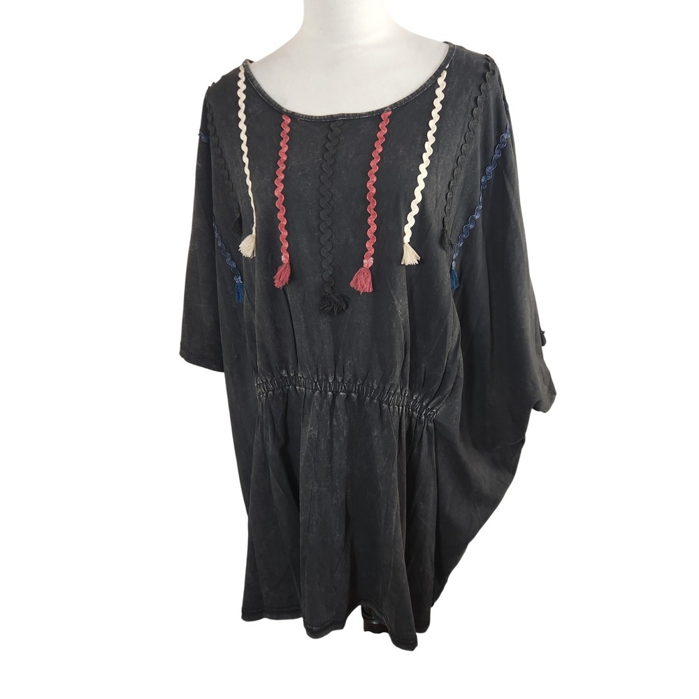 POL Womens Black Acid Wash Boho Tassel Rick Rack Tunic Top Large Laganlook NWT